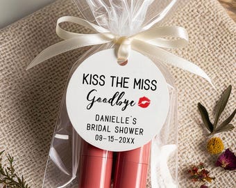 kiss the miss goodbye, personalized lip balm favor tags, red kiss mark, bridal gift bag tag T-26