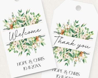 Welcome tags, cotton eucalyptus watercolor, personalized greenery favor thank you hang tags C33-07