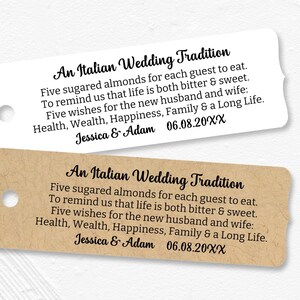 An Italian wedding tradition, Jordan almond tags, wedding bomboniere, five wishes sugared almond tags, personalized gift tags (T-263)