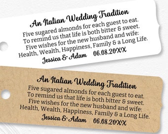 An Italian wedding tradition, Jordan almond tags, wedding bomboniere, five wishes sugared almond tags, personalized gift tags (T-263)