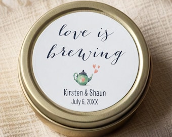 Love is brewing, round wedding labels, watercolor teapot, personalized tea blend stickers S-190