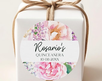 Personalized quinceañera & sweet sixteen stickers, pink peony and lilac favor labels C12-04