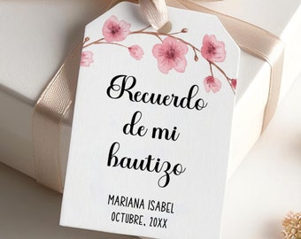 Recuerdo de mi bautizo, personalized baptism favor tags, watercolor cherry blossoms T-285