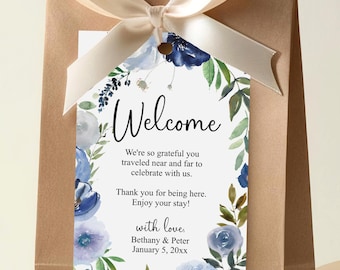 Hotel bag tags for destination weddings, watercolor blue floral frame, out of town bag, wedding guests gift basket C38-01