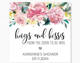 Hugs & kisses from the soon to be Mrs. personalized bridal shower stickers, pink flowers C30-02