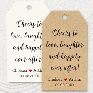 mini wine tags for wedding favors, cheers to love laughter and happily ever after, personalized tags for engagement party and champagne T-17