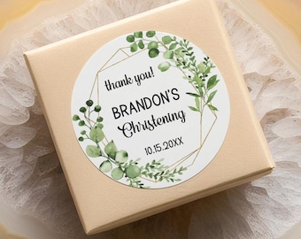 Christening and baptism labels, personalized greenery eucalyptus and faux gold frame stickers C42-02