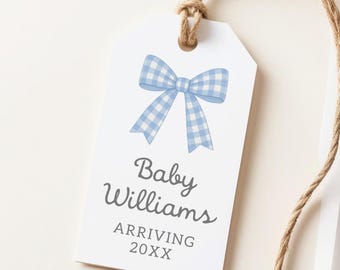 Baby shower tags, blue or pink gingham bow, gender reveal tags C60-02