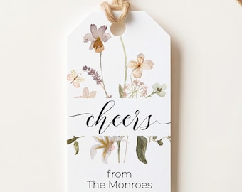 Cheers favor tags, personalized wine bottle gift tags, watercolor wildflowers in neutral tones C5-03