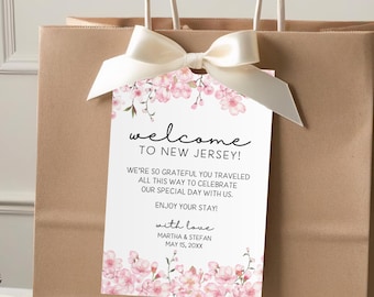 Personalized wedding welcome tags, hotel guest gift bags, watercolor pink cherry blossoms C29-01