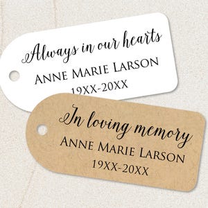 Always in our hearts, funeral favor tags for guests, in loving memory personalized tags for seed packets, celebration of life tags T-189