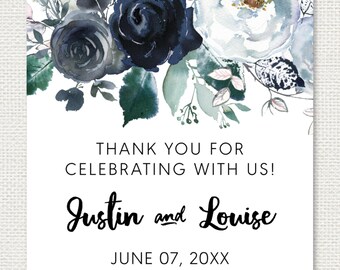 Thank you for celebrating with us, personalized square wedding stickers, blue grey flowers S-163