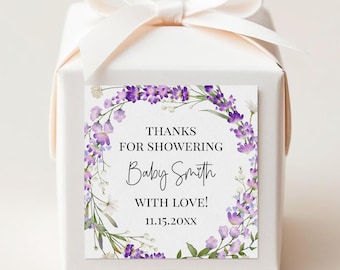 Thanks for showering our baby with love, watercolor lavender flowers, personalized favor stickers C11-06