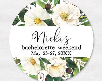 Bachelorette weekend favor stickers, personalized round labels, white flowers and greenery C48-03