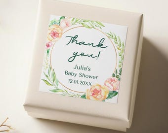 Floral baby shower labels, peach pink gold frame, personalized square thank you stickers S-288