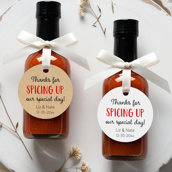 Thanks for spicing up or special day, custom wedding spice blend tags, personalized chili sauce labels T-159