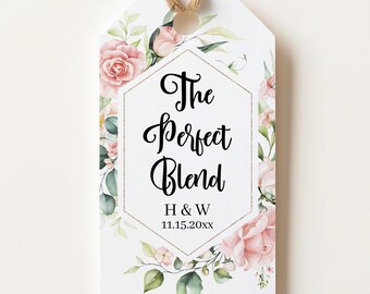 The perfect blend, personalized wedding tags for coffee, tea, bbq rub, pink & white roses C32-04