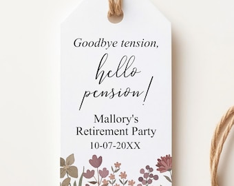 Retirement party tags, goodbye tension hello pension!, mauve pink wildflowers C3-07