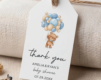Teddy bear baby shower favor tags, pink or blue balloons, gender reveal party T-284