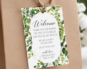 Personalized Welcome hotel bag tags, English and Spanish version, watercolor greenery frame C47-01