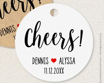 Prost! Personalisierte runde Hochzeitsanhänger für Mini Wein, Whisky, Champagner und Spirituosen C73-08