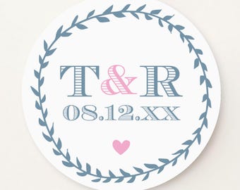 Personalized wedding stickers, initials and leafy border, envelope seals, welcome bag stickers S-66