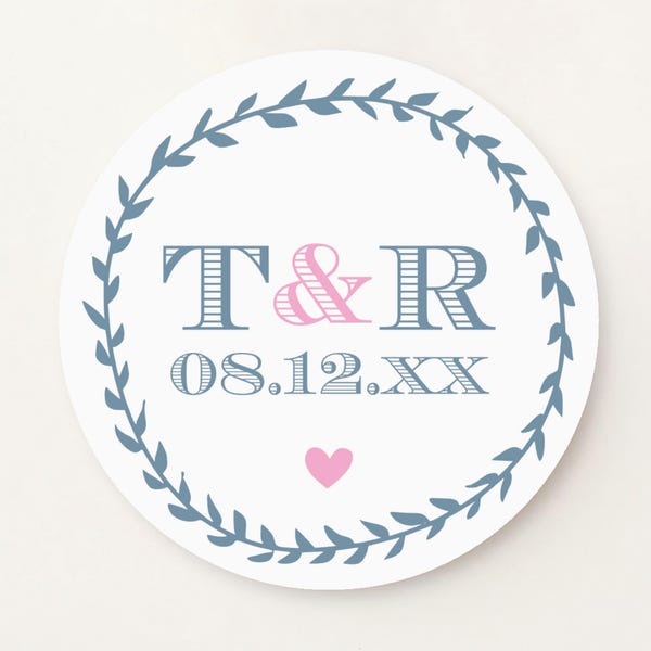 Personalized wedding stickers, initials and leafy border, envelope seals, welcome bag stickers S-66