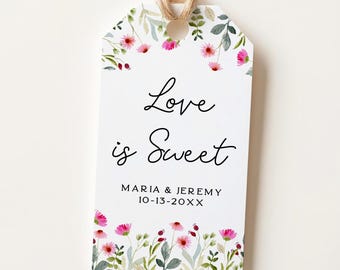 Etiquetas de regalo de boda personalizadas, el amor es dulce, flores rosas y vegetación C39-05