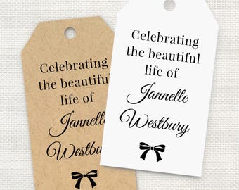 Personalized celebration of life favor tags, memorial service tags, black bow funeral labels T-315