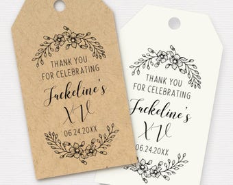 Quinceañera thank you tags, personalized tags for gifts and party favors, small branch drawing, 4 sizes to choose, mis XV tags C95-03