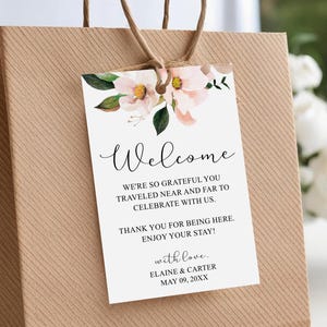 Welcome wedding tags for hotel bags, personalized gift & favor tags with pastel blush pink flowers, goodie bag tag, gifts for guests  C28-02