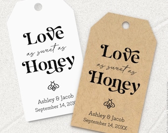 Personalized wedding tags, love as sweet as honey, bee icon, simple modern hang tags for honey jars, bridal or baby shower favors C80-04