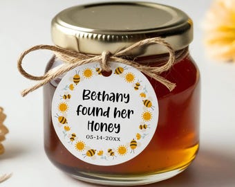 She found her honey, personalized bridal shower tags, bees, flowers and suns border T-288