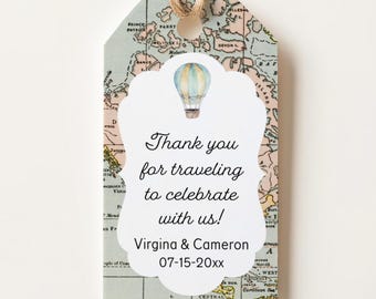 Personalized wedding favor tags, thank you for traveling, vintage map & air balloon T-144