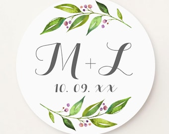 wedding stickers, greenery labels, personalized with your initials and wedding date S-171