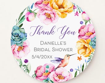 Personalized bridal shower stickers, watercolor hummingbird and yellow pink flowers S-183