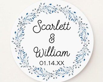 Custom wedding stickers, watercolor blue gray leaf border, personalized favor stickers S-32