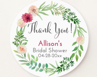 Thank you stickers, personalized bridal shower labels, greenery border & pink flowers S-174