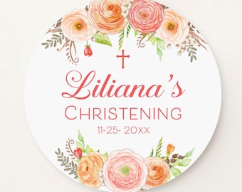 Christening & Baptism Stickers. Personalized Watercolor Peach Flowers and Cross Stickers S-05