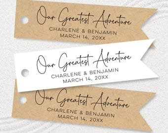 Our greatest adventure, personalized wedding favor tags, flag shape, minimal modern calligraphy C78-03