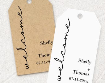Willkommen, personalisierte Hochzeitsanhänger für Gefälligkeiten und Geschenke, individuell gestaltete Hoteltaschenanhänger C85-02