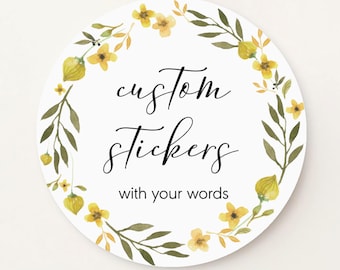 Custom stickers, yellow floral border, personalized event & small business labels S-282