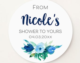 From my shower to yours personalized bridal shower stickers, watercolor navy and blue flowers, custom bachelorette round stickers S-170