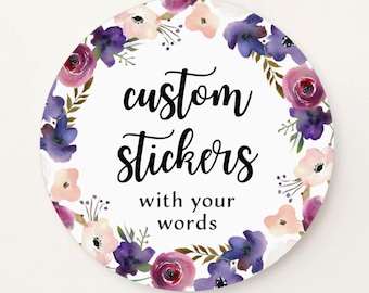 Custom stickers, purple and blush floral border, wedding favor labels, personalized small business S-237