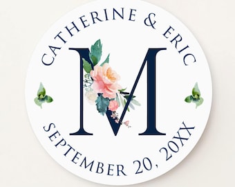 Custom wedding stickers, navy initial & pink flowers, personalized favor round stickers S-12