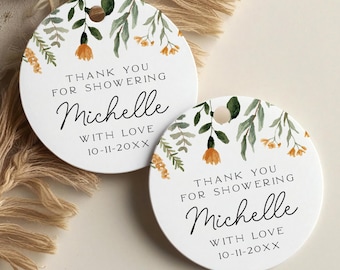 Bridal shower tags, tiny orange flowers and greenery, personalized gift tags, custom bridal shower round tags, floral themed C39-02