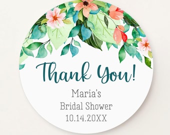 Bridal shower stickers, watercolor green leaves, pink flowers, modern script thank you labels S-40