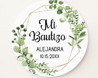 Mi bautizo labels, personalized greenery eucalyptus and faux gold frame stickers, Spanish language C42-03