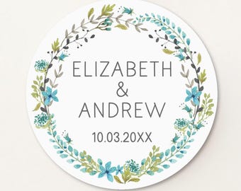Personalisierte Hochzeit Aufkleber, blaue Blumen Bordüre, blaue Umrandung, blaue Umrandung S-148