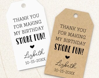Thank you for making my birthday smore fun, personalized tags for smore favors and gifts, minimalist style T-318